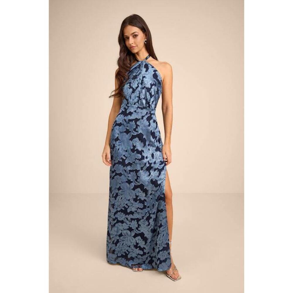 Lulus Indra Navy Floral Burnout Backless Maxi Dress Blue - Size L